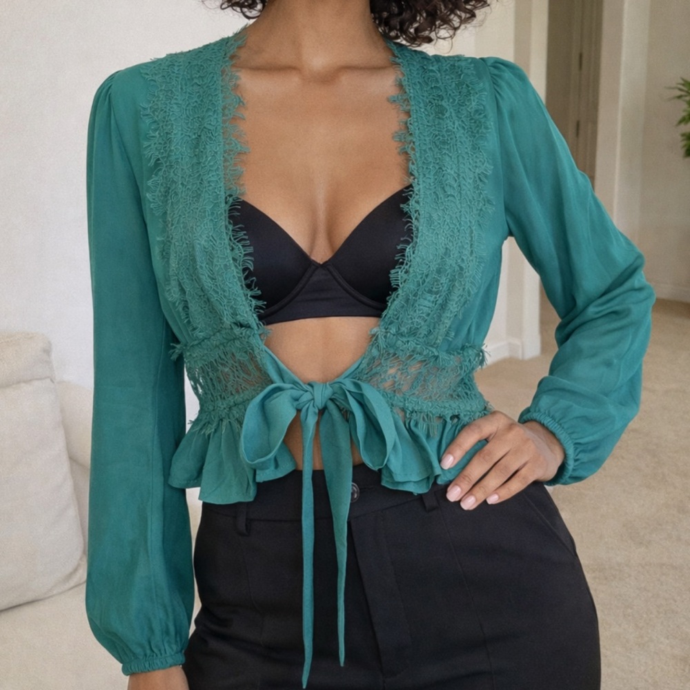 Priceless Lace Front Tie Blouse in Emerald Green
